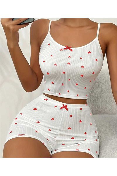 Pupa Women's Heart Patterned Shorts Pajama Set Camisole Ribbed