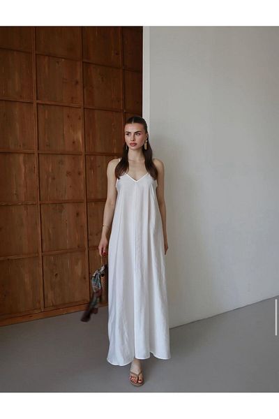 Gameyal Women's Casual Linen Adjustable Strap V Neck Maxi Dress