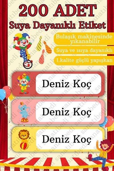 sanatıbedi 200 Pieces Water Resistant School Label - Pen Book Notebook Water Bottle Special Name Writable Circus Sticker
