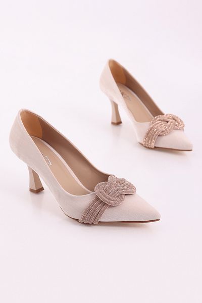 SHOESSHOPS Striped Satin Stone Detailed Women's Evening Dress Heeled Shoes