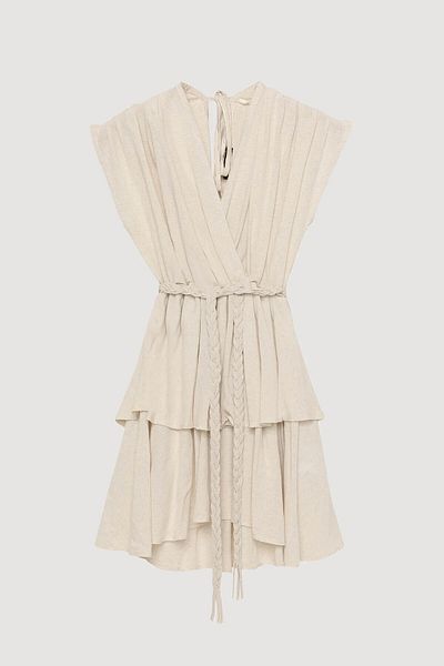 Quzu Plissee Linen Beige Women's Dress with Knitted Belt Elb00306