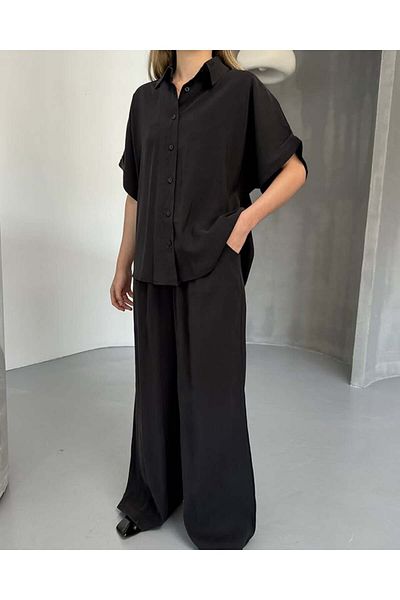 Ahsenbutik Women's Loose Fit Pants and Short Sleeve Shirt Bottom-Top Set