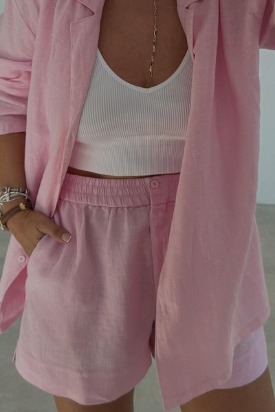ELVAN TOLON Pink Raw Linen Shorts Shirt Set