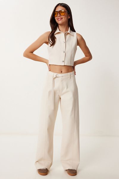 Lovelyİstanbul Denim Vest Pants Suit Cream Lok0012