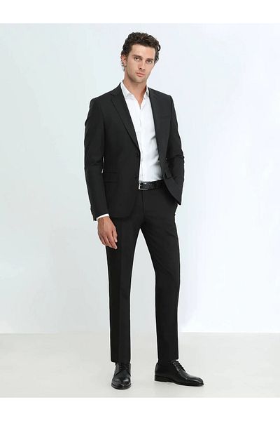 Kip Black Plain Modern Fit Wool Blend Suit