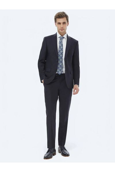 Kip Navy Blue Straight Modern Fit Wool Blended Suit