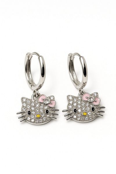 MakeWell Tarnish Free Hello Kity Designed Zircon Stone Steel Stainless Earrings