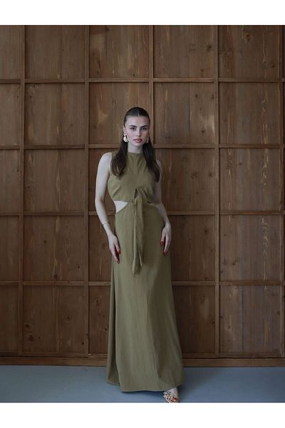 Gameyal Rochie maxi de damă din in, cu talie decoltată, cu detaliu de brâu