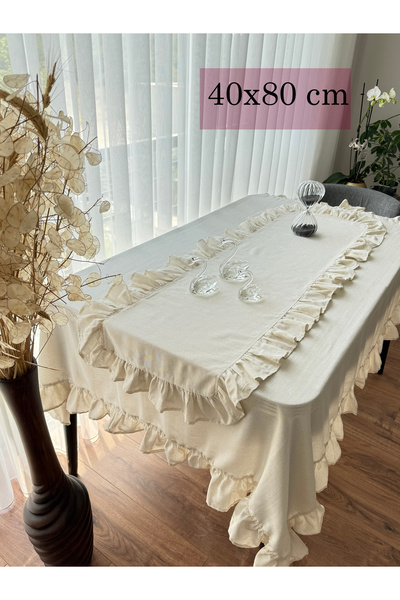 ARS DT Fırfırlı Keten Vintage Runner 40x80 cm Doğal Şık Dekoratif