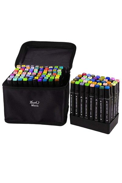 Touch 80pcs Dual Tip Markers Set, Assorted Colors Stylish Black Body with Black Cloth Bag