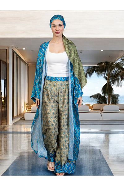 QYMOS PRIVE Ethnic Patterned Kimono & Pants Set (Kimono with Antistatic Feature) Does Not Show Inside. Shaw with Gift