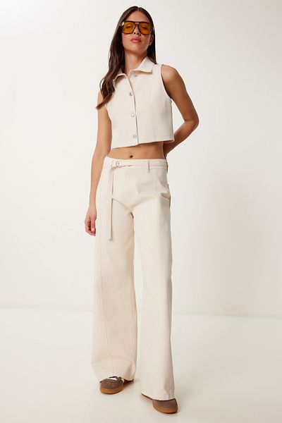 Lovelyİstanbul Denim Vest Pants Suit Cream Lok0012