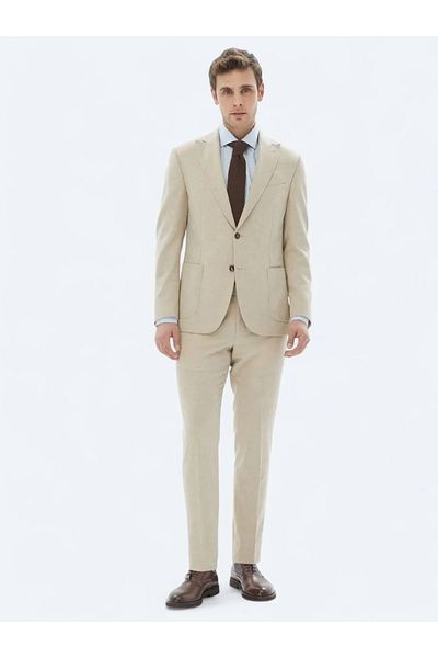 Kip Beige Straight Modern Fit Wool Blend Suit