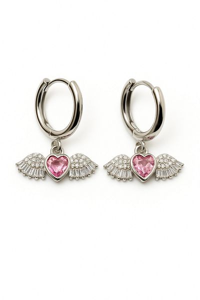 MakeWell Zircon Stone Steel Stainless Earrings with Heart Design with Anti-Tarnish Wings