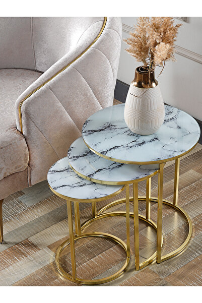 SEDAŞ LIVING UNITS 3 ADET Beyaz Mermer Temperli Cam Gold Metal Zigon Sehpa se...