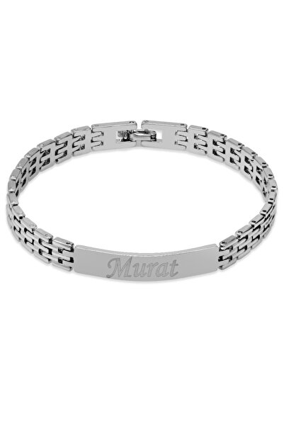 Tesbihane Gümüş Renk Hasır Tasarım Kordonlu Kişiye Özel İsim veya Harf Yazılı Erkek Çelik Bileklik