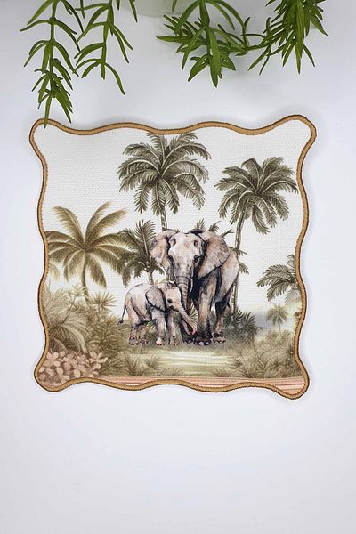 decofav Exotic Jungle and Elephants Designed Embroidery Edge Cocktail Napkin 1 Piece