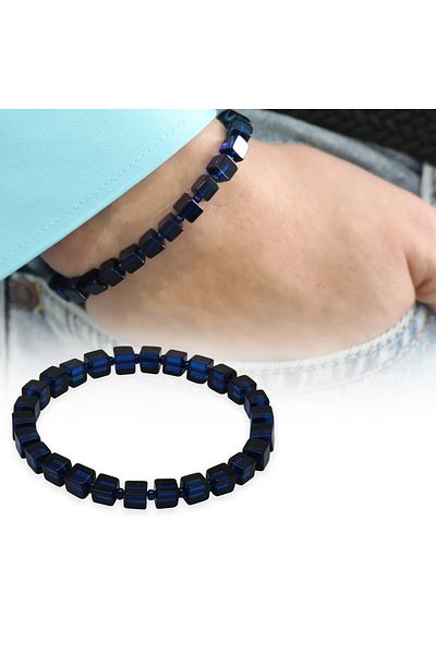 Tesbihane Navy Blue Color Cube Cut Natural Drop Amber Men's Bracelet