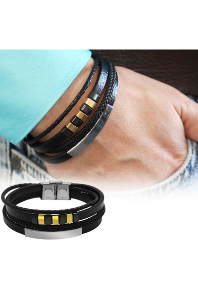 Tesbihane Üç Katmanlı Siyah Deri Gümüş Renk Çelik Plakalı Kişiye Özel İsim veya Harf Yazılı Erkek Bileklik