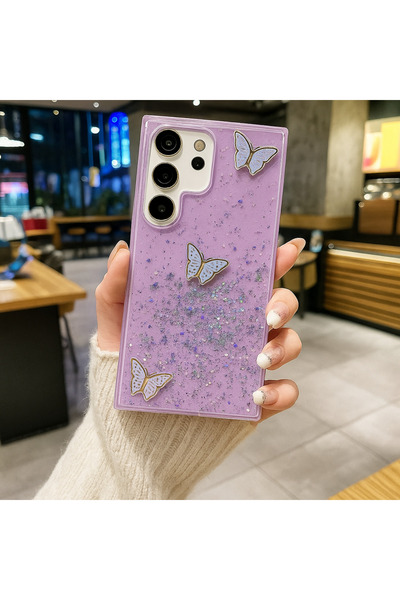 Rivor Samsung Galaxy S25 Ultra Kılıf Kamera Çıkıntılı Simli Kelebek Kabartmal...