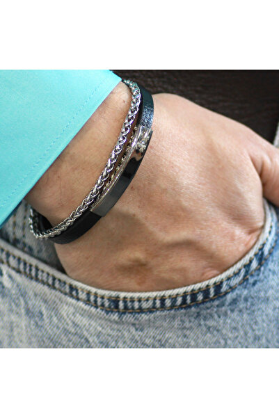 Tesbihane Spiga Çelik Zincir ve Deri Bileşim Kişiye Özel İsim veya Harf Yazılı Erkek Bileklik