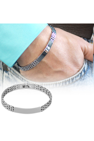 Tesbihane Gümüş Renk Hasır Tasarım Kordonlu Kişiye Özel İsim veya Harf Yazılı Erkek Çelik Bileklik