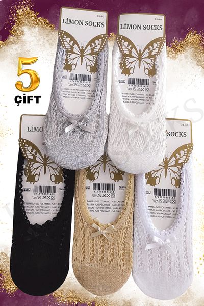 Limon Socks Women's Bow Ballerina Socks (5 Pairs) Lace Model Short Socks Set