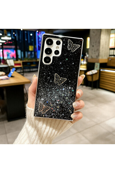 Rivor Samsung Galaxy S25 Ultra Kılıf Kamera Çıkıntılı Simli Kelebek Kabartmal...