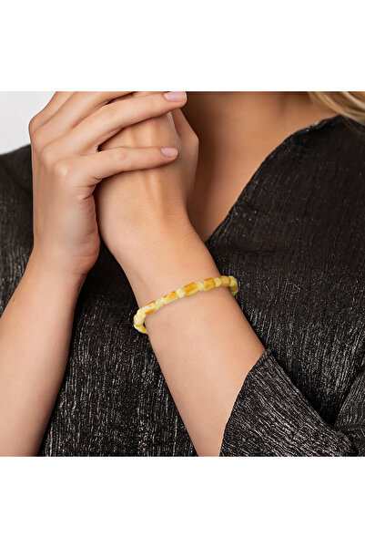 Tesbihane Yellow White Color Cylinder Cut Natural Drop Amber Women's Bracelet