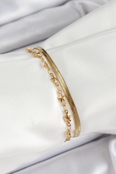 NEZADE STORE 316L Steel Gold Color Star Chain and Italian Chain 2-Piece Women's Bracelet - Lisinya
