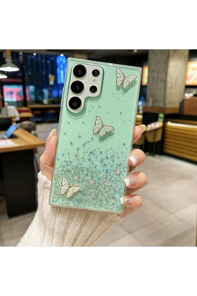 Rivor Samsung Galaxy S24 Ultra Kılıf Kamera Çıkıntılı Simli Kelebek Kabartmal...