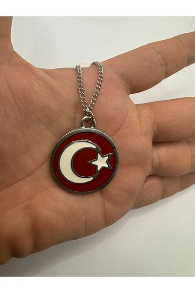 Herşey Nota Unisex Necklace with Red Background Moon and Star Figure – Meaningful Accessory Inspired by the Turkish Flag