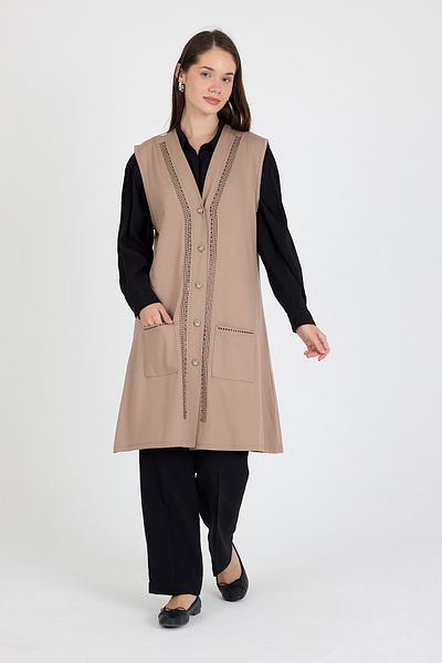 larocci Women's Standard V-Neck Stone Detailed Sleeveless Pocket Vest