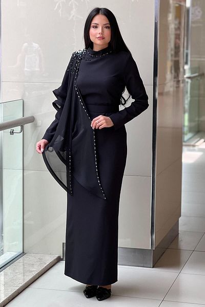 White Corner Evening Dress with Stone Shoulder and Cape Detail