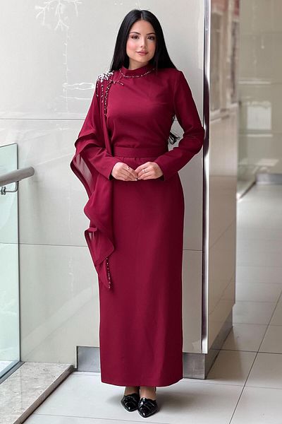 White Corner Evening Dress with Stone Shoulder and Cape Detail
