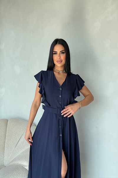 LİLA İSTANBUL V-Neck Button Sleeve Detailed Belted Linen Summer Dress