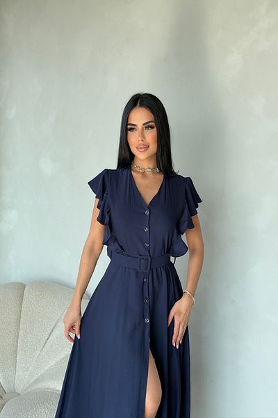 LİLA İSTANBUL V-Neck Button Sleeve Detailed Belted Linen Summer Dress