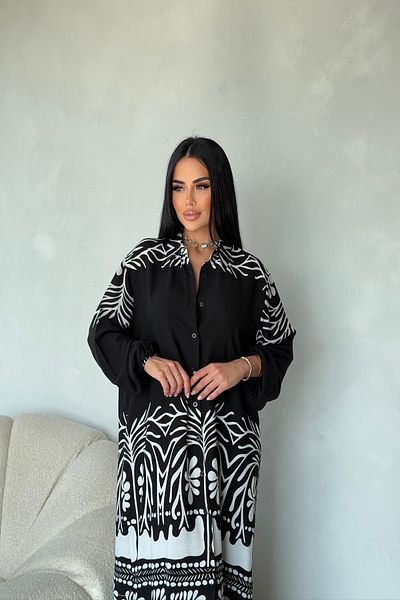 LİLA İSTANBUL Shirt Collar Ethnic Pattern Belted Summer Dress