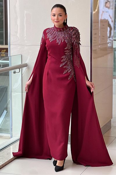 White Corner Handcrafted Stone Design Evening Dress