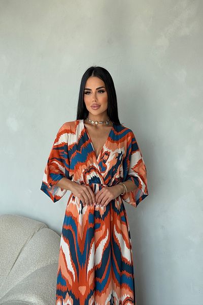 LİLA İSTANBUL Double Breasted Collar Viscose Fabric Ethnic Patterned Summer Dress