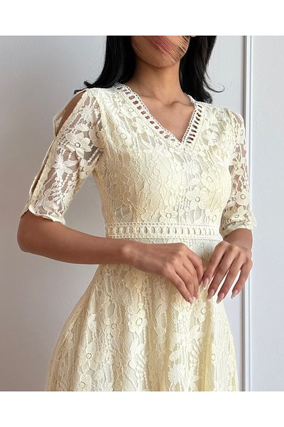 toog Cream midi dress with crochet detailing at the chest