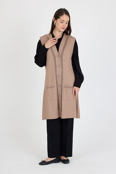 larocci Women's Standard V-Neck Stone Detailed Sleeveless Pocket Vest
