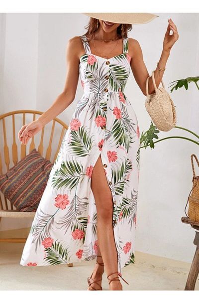 Modayakamoz Women's Strap Front Button Leaf Patterned Long Single Jersey Dress