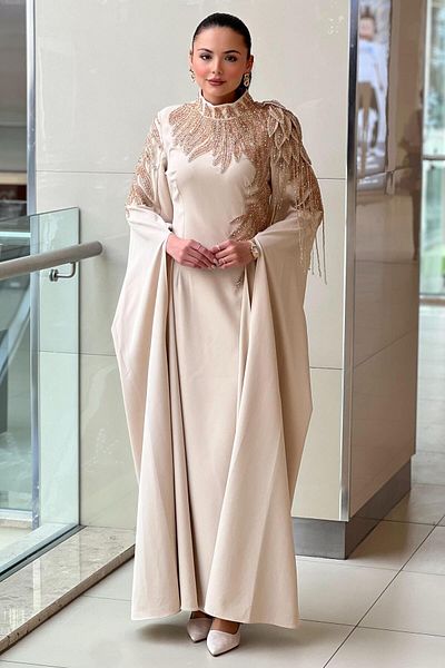 White Corner Handcrafted Stone Design Evening Dress