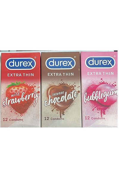 Durex 12-Piece Mix Flavored Bubblegum Chocolate Wild Strawberry Extra Thin Condoms pack of 3 Boxes