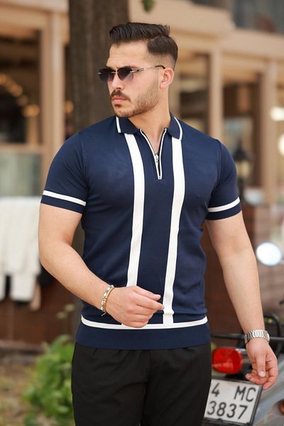 leyla sanat sanata yeni bir bakış açısı Leyla Sanat Sanata a New Perspective Men's Zipper Collar Stripe Detail Short Sleeve T-Shirt
