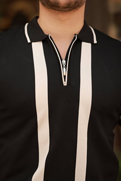 JANES Ανδρικό μπλουζάκι με κοντό μανίκι με λεπτομέρεια με ρίγες με γιακά με φερμουάρ