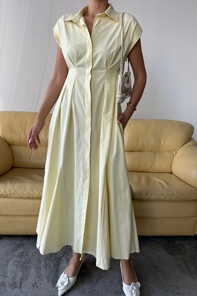 Modayakamoz Sleeveless Volume Front Buttoned Poplin Dress with Pins Detail - Yellow
