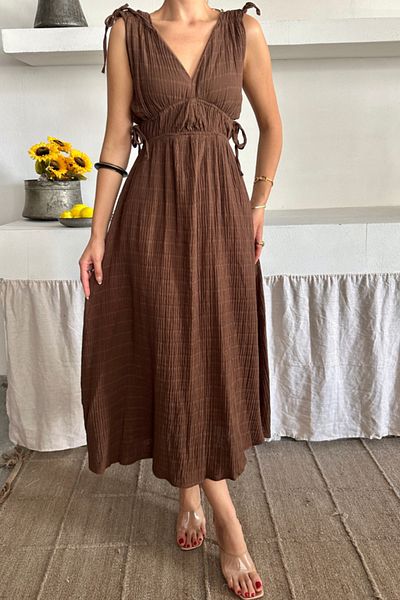Modayakamoz Muslin dress with shoulder detail v neck sleeveless dress - brown