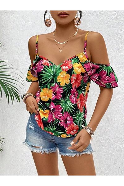MRA Fashion Women's Strappy Off-The-Shoulder Floral Printed Blouse